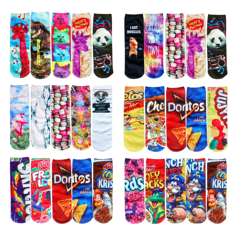 5 пар/лот, милые носки с 3D принтом, настраиваемые, модные, забавные, низкие, короткие, художественные, Kawaii Sox, Harajuku, хип-хоп, новинка, женские носки
