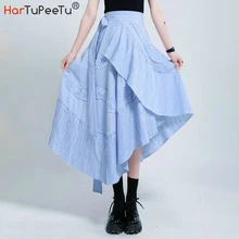 High Waist Skirt Women Stylish Wrap Skirts with Bandage Blue Striped Asymmetrical Patchwork Ruffles Hem 3d Pleated 2020 Summer High Waist Skirt Women Stylish Wrap Skirts with Bandage Blue Striped Asymmetrical Patchwork Ruffles Hem 3d Pleated 2020 Summer