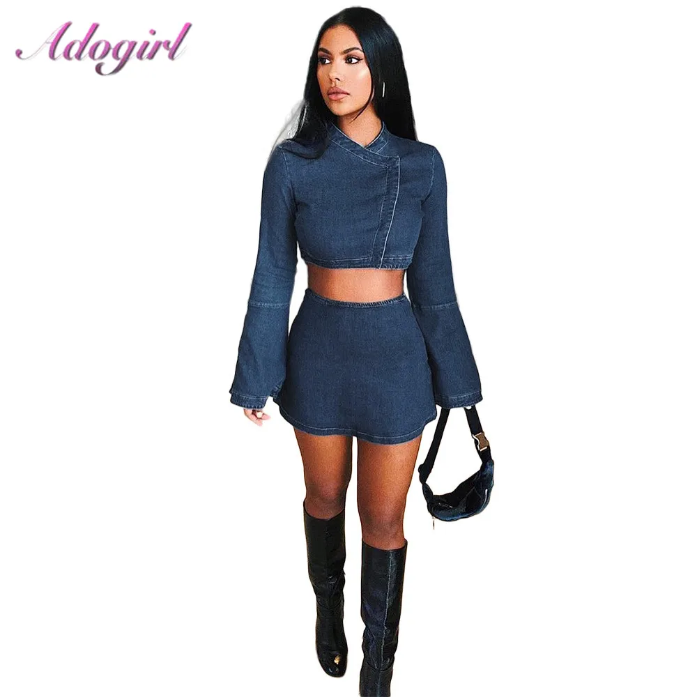 

Adogirl Women Denim Two Piece Set Casual Long Flare Sleeve Crop Top Jacket Coat + Dennim Mini Skirt Set Outfits Streetwear Suit