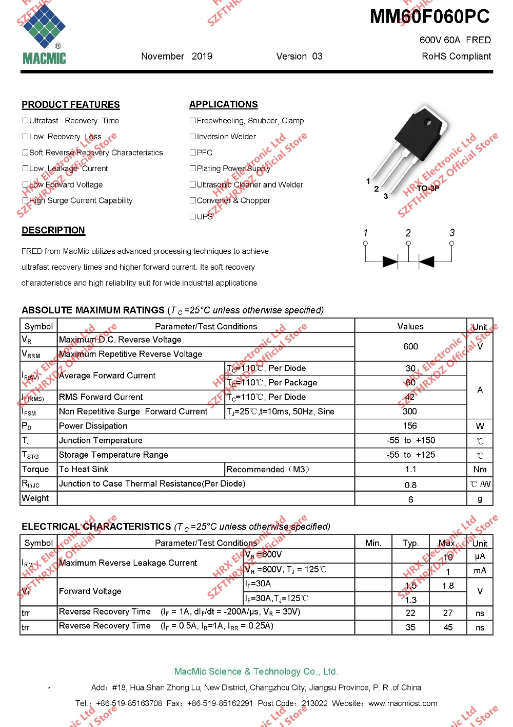 MM60F060PC TO-3P MM60F060 TO3P быстрое восстановление диод 60A 600V 30 шт/трубка(10 шт