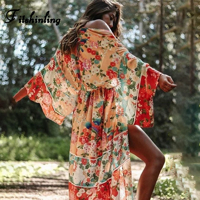Outerwear Cardigans Bikini Cover-Up Floral Fitshinling Bohemian Beach Flare-Sleeve Long