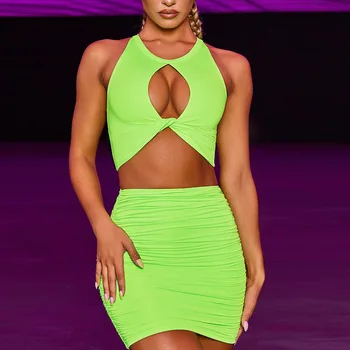 

Halter Sexy Camis Skirt Two Piece Set 2019 Summer Women Fashion Neon Green Gray Solid Party Streetwear Hollow Out Bodycon Skirts