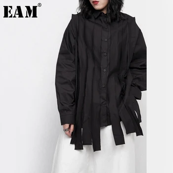 

[EAM] Women Black Tassels Split Big Size Blouse New Lapel Long Sleeve Loose Fit Shirt Fashion Tide Spring Autumn 2020 1T524