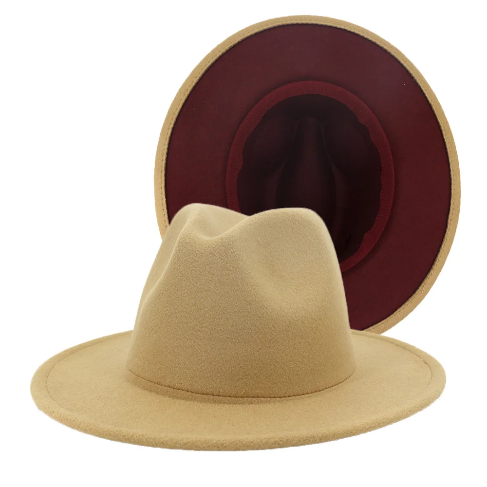 

HanXi Spring New Imitation Wool Hat Women Men Patchwork Fedora Fashion Flat Brim Panama Caps