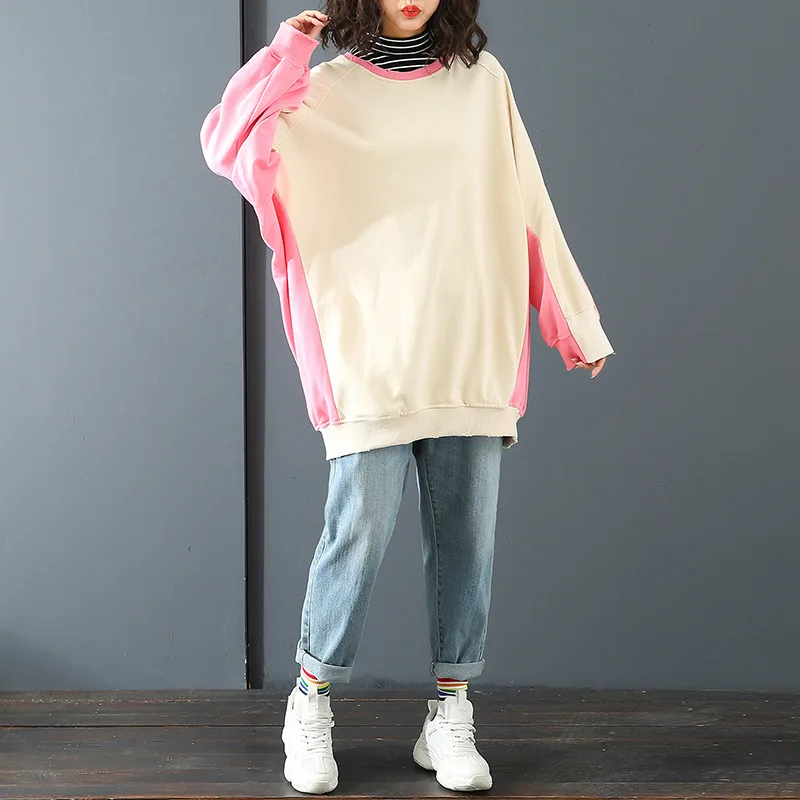 

2019 Autumn New Arrival Fashionable Temperament Color Stitching Woman Sweatshirt Long Sleeve Oversized Sweatshirt Free Shipping