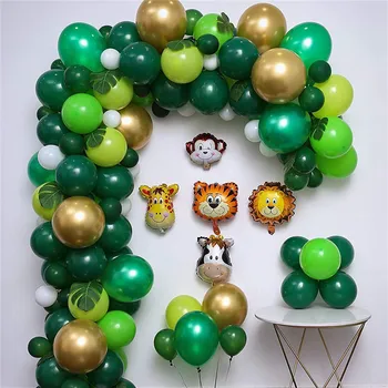 

144pcs Dark Green Metal Gold White Balloon Garland Arch Kit Kids Favor Animal Foil Balloons for Birthday Baby Shower Jungle Part