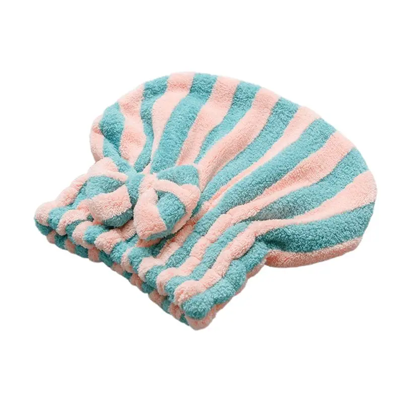 

Women Girls Coral Velvet Microfiber Quick Hair Dry Hat Cute Bowknot Contrast Color Stripes Bathing Towel Absorbent Stretchy Show