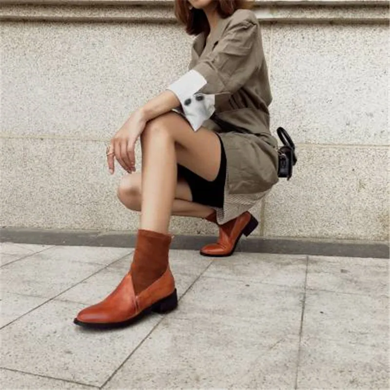 Autumn/winter 2020 Women's Boots Leather Sutured Elastic Boot Tube Genuine Leather Women Shoes