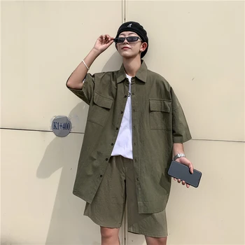 

2020 Summer Men's Student Leisure Lovers Black/green/Beige Color Mens Sets Loose Tracksuit Short Sleeve Shirt+Shorts Suit M-2XL