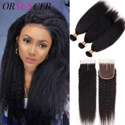 30 Inch Brazilian Kinky Straight 3 Bundles With 4x4 Lace Closure Kinky Straight Bundles Human Hair Bundles With Closure ORSUNCER