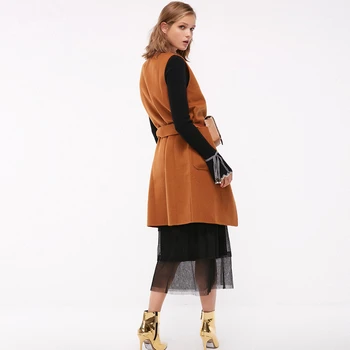 

Wool Autumn New Fashion 2020 Woolen Vests Coat Women Solid Big Pocket Belt Long Vest Female High Quality Top Clothes Office Lady