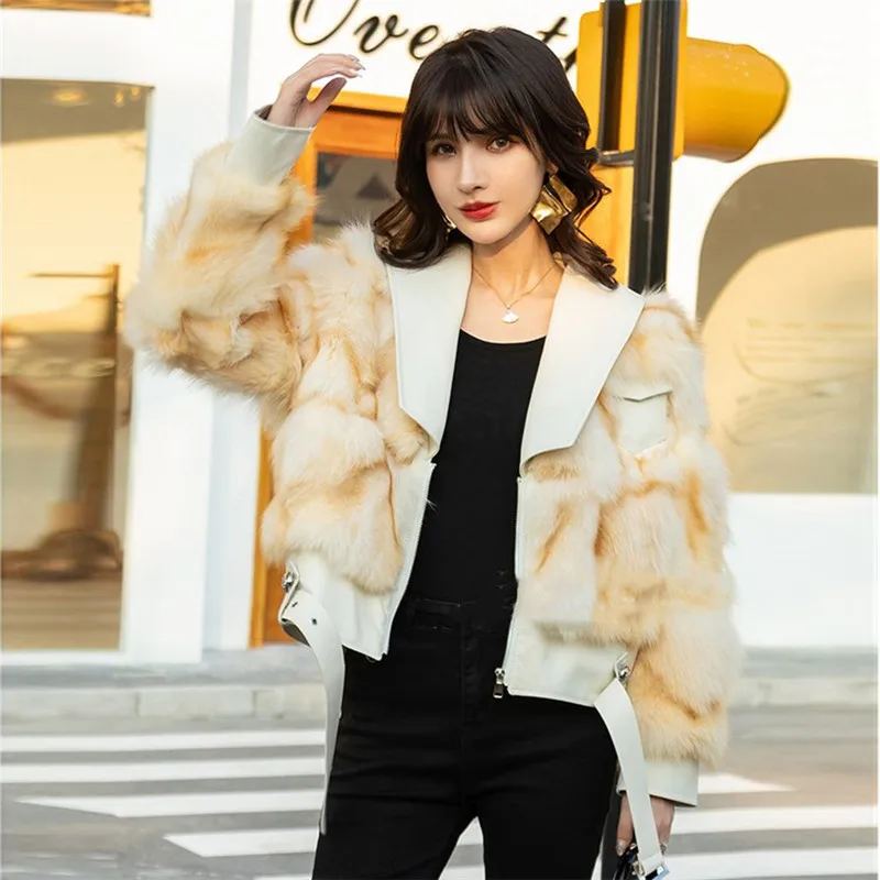 FURSARCAR 2021 Genuine Motorcycle Leather Jacket For Women Real Natrual Fox Fur Coat Feamle Winter Sheep Skin Short Fur Outwear