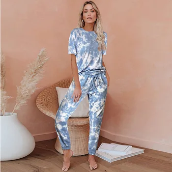 

Women Printed Nightgown Discolour Summer Loungewear Female Pajama Set Plus Size HomeWear Sleepwear Top And Pants Pijama Mujer