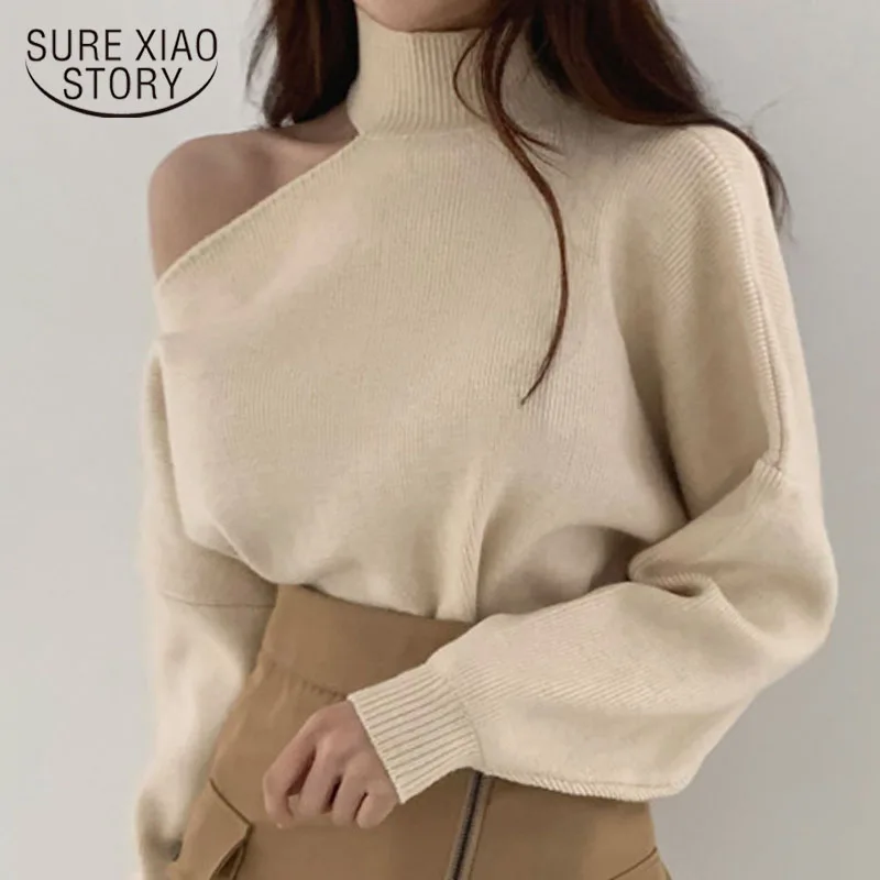 Пуловер женский трикотажный на одно плечо водолазка свитер женская вязаная