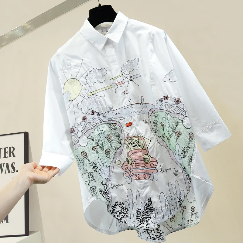 

Women's Machine Embroidery Retro Style Embroidered Shirt Female Casual All-match Irregular Single Breasted Top White Blouse