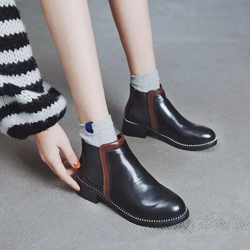 

Winter Mixed Colors Chelsea Boots Women Ankle Round Toe Boots Low Square Heel Casual Ladies Shoes