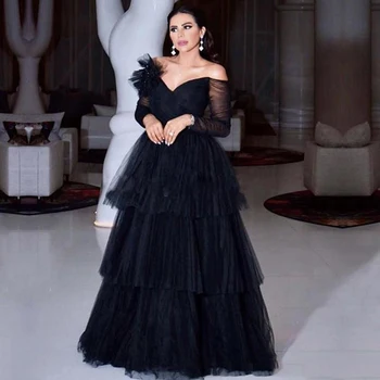 

Eightree Arbric Black Evening Dress Off the Shoulder Formal Evening Party Dresses Long Sleeves Tiered Elegant Prom Dresses