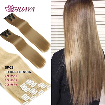 

HUAYA 6Pcs/Set 22" Hairpiece 16 Clips Long Straight Synthetic Hair Extensions Clips in Black Brown Heat Resistant False Hair