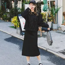 Женская юбка с высокой талией, черная, тонкая, эластичная талия, Корея, весна-осень, свободная, дикая посылка, юбки в бедрах, Новинка