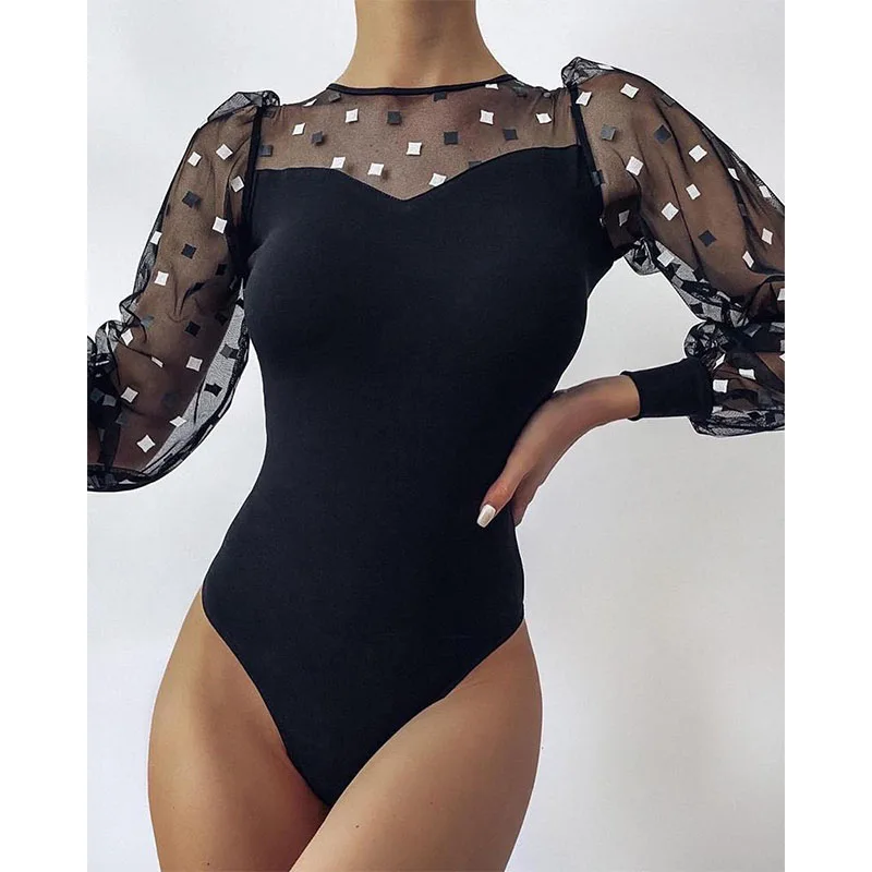 Las mujeres Body ajustado Sexy de malla de manga larga delgada traje de verano de las mujeres de primavera y otoño negro sólido de cuerpo Superior mono