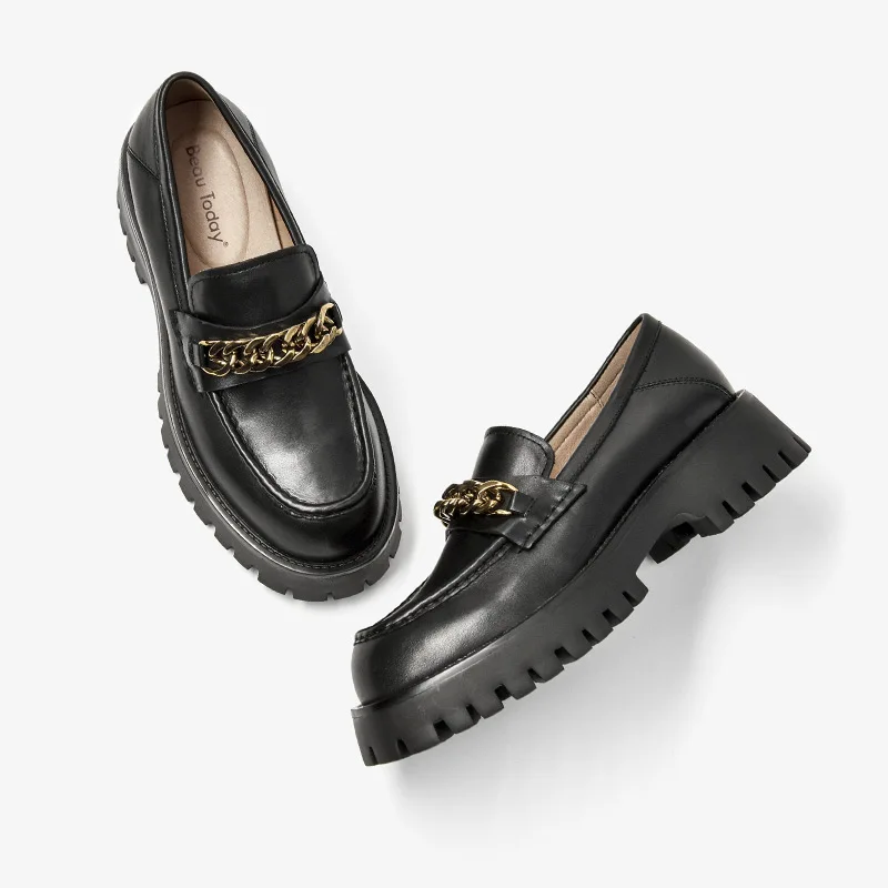 BeauToday Platform Loafers Women Genuine Cow Leather Round Toe Casual Flats Metal Chain Slip On Female Shoes Handmade 27756