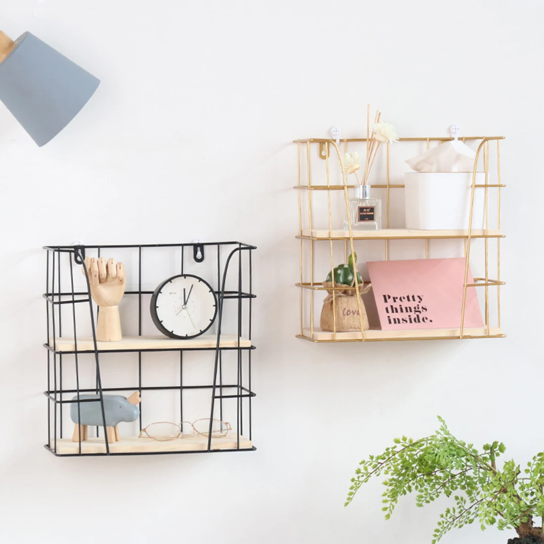 

Hot Double Layers Metal Wall Mounted Floating Shelf Wall Display Wooden Shelf Decorative Hanging Storage Holder - Golden Black