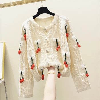 

Lovely Sweater Jacket Women's Knitted Cardigan Female Student Vintage Strawberry Fringed Knit Cardigan Coat Womens Sweaters