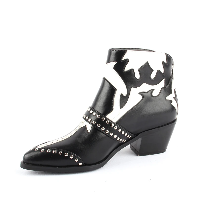 Ceny 2019 nowe PU skórzane botki damskie nity klamra projektant buty na wysokim obcasie szpiczasty nosek kowbojki klinowe moda krótkie buty