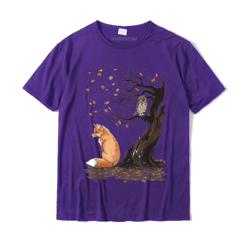 Group Casual T Shirt for Men Prevalent Summer Autumn O-Neck Pure Cotton Short Sleeve Top T-shirts Custom Tee-Shirts Fox and Owl on the Tree Animal Lover Cute autumn leaves T-Shirt__MZ15938 purple