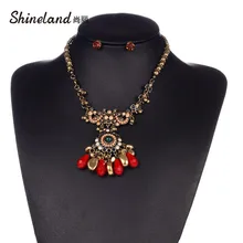Shineland Bohemian Fashion Ethnic Collares Vintage Beads Crystal Tassel Pendant Necklace Earrings For Women Jewelry Set Cheap