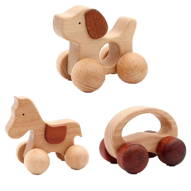 Baby Dog/Horse Shape Ecofriendly Wooden Car Infant Cartoon Animal Puzzle Toys Children Learning Educational Blocks DIY Craft