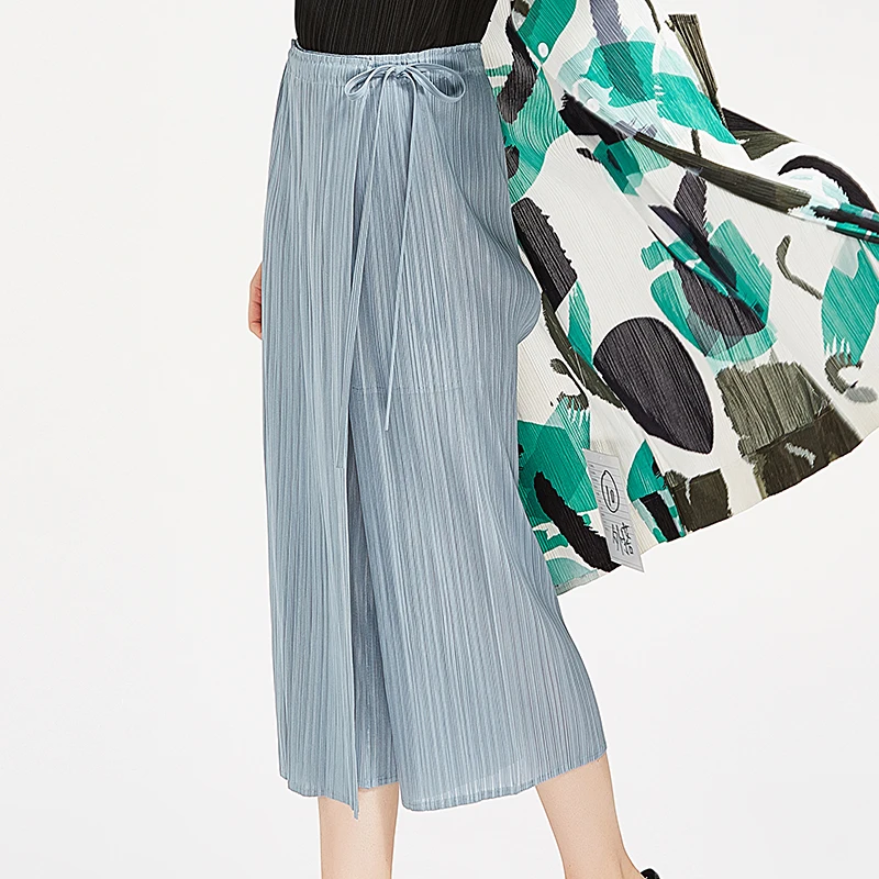 

Miyake Pleats Skirt Pants New Fashion Original Casual Loose Ankle-Length Pants Solid Elastic High Waist Pleated Wide Leg Pants