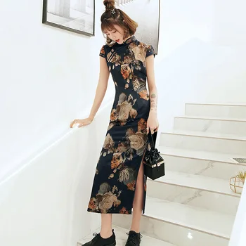 

Chinese Style Lady Elegant Evening Party Dress Plus Size Print Flower Retro Long Cheongsam High Split Sexy Slim Rayon Qipao 4XL
