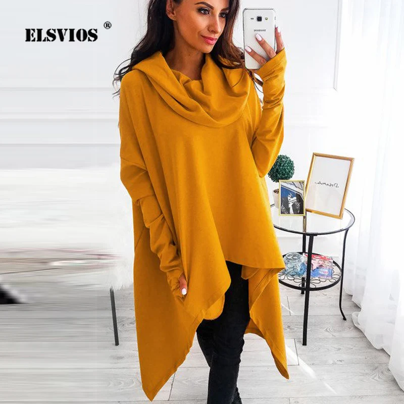 Женские Модные Длинные асимметричные топы с капюшоном ELSVIOS осенне-зимняя теплая