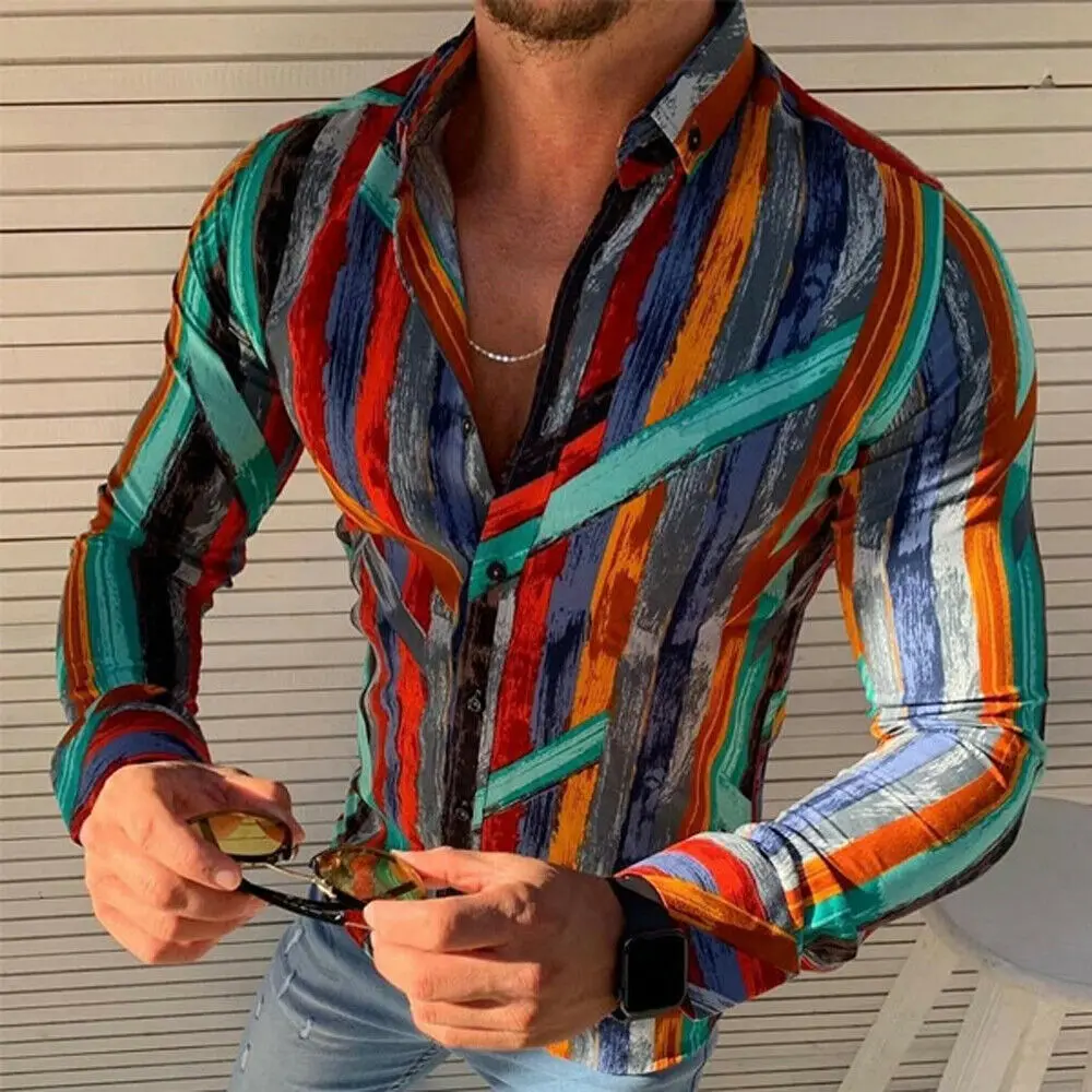 

Luxury Mens Hawaiian Striped Shirts Autumn Long Sleeve Casual Shirt Tops Male Slim Fit Beach Party Tops Blouse Men shirts M-3XL