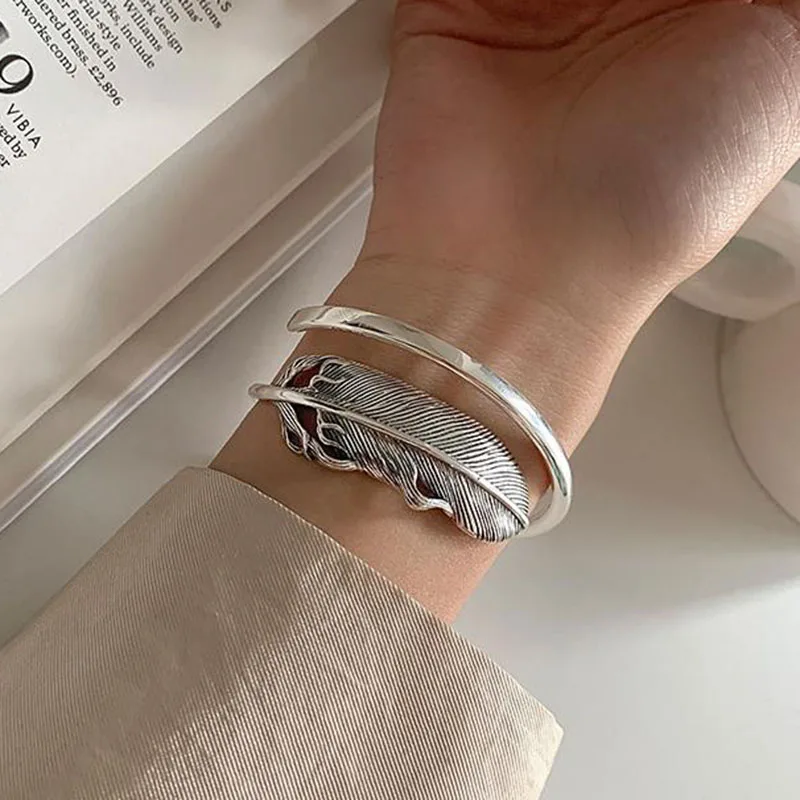 Bangle Bracelet Foxanry Stamp Bracelet for Women Summer Trendy Creative Vintage Feather Adjustable Jewelry Party Gifts