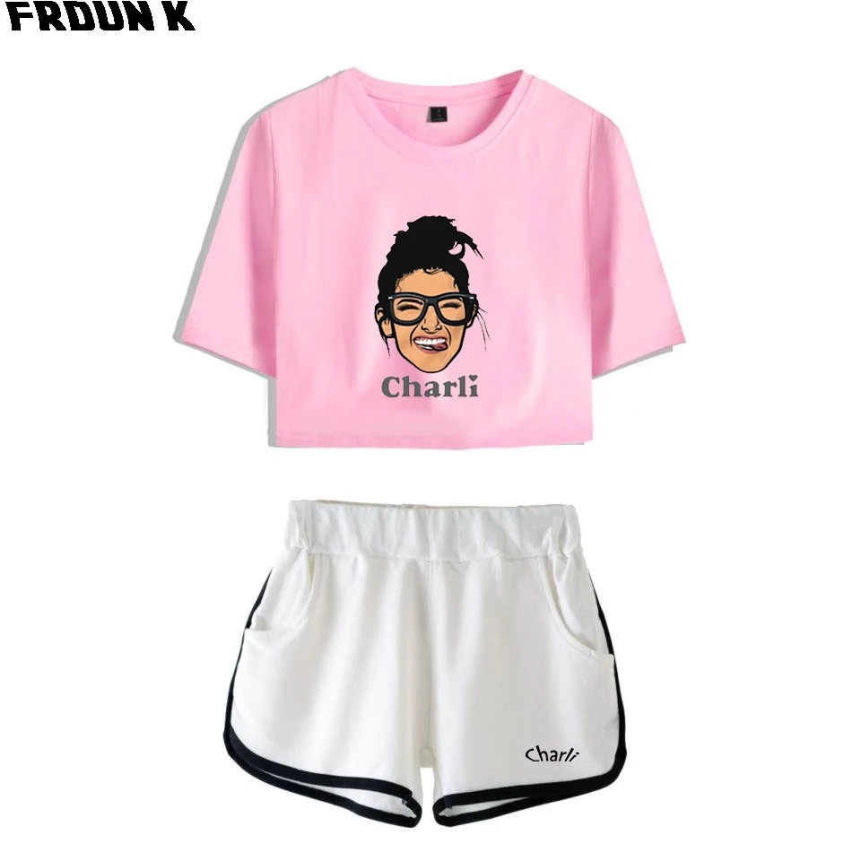 FRDUN TOMMY Charli mujeres, conjunto de dos piezas pantalones cortos + encantadora camiseta Harajuku Venta caliente Charli DAmelio conjuntos de niña