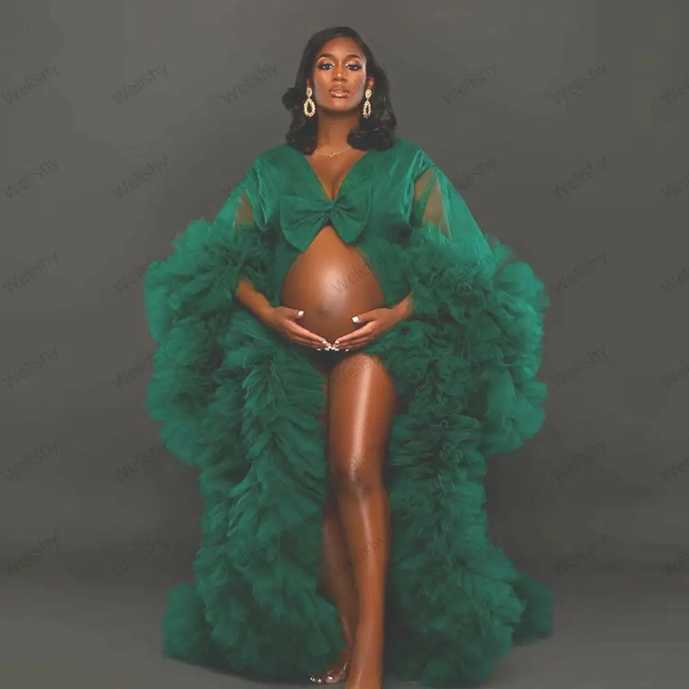 Dark Green Maternity Prom Tulle Dresses Women Extra Puffy Long Formal Evening Party Robes Photo Shoot Ball Gown Robe De Soiree