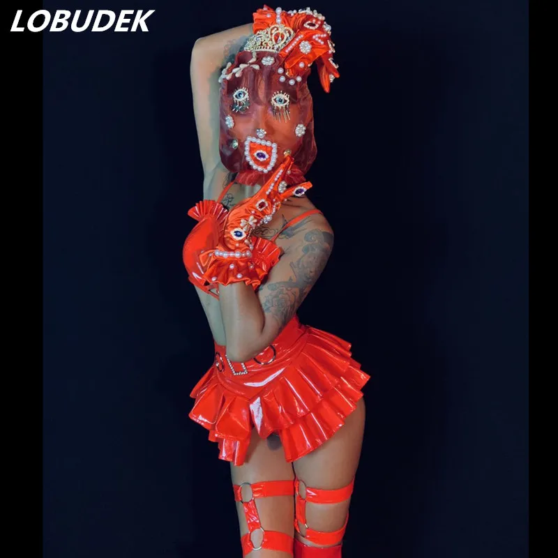 

Festival Rave Funny Costume Red Rhinestones Headgear Bikini Skirt Gloves Outfit Bar Nightclub DJ Dancer Team Sexy Stage Wear
