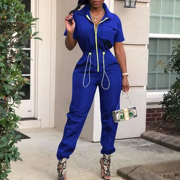 

Blue Short Sleeve Summer Romper Sport Chic Streetwear African Ladies Tunic High Waist Zipper Casual Long Jumpsuit Women Fashion