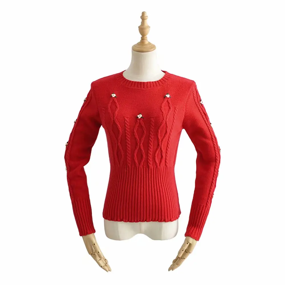 Bazaleas французский белый женский свитер с цветочной вышивкой, винтажный свитер с круглым вырезом, женский ретро теплый вязаный пуловер - Цвет: X41 red 283