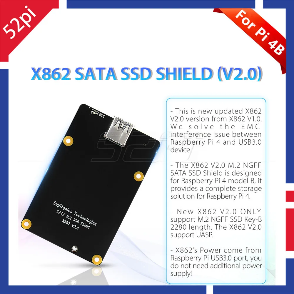 Raspberry pi Modelo b X862 M.2 2280 Sata Ssd Escudo X862 Ssd Placa de Expansão Armazenamento para Raspberry pi 4b 52pi