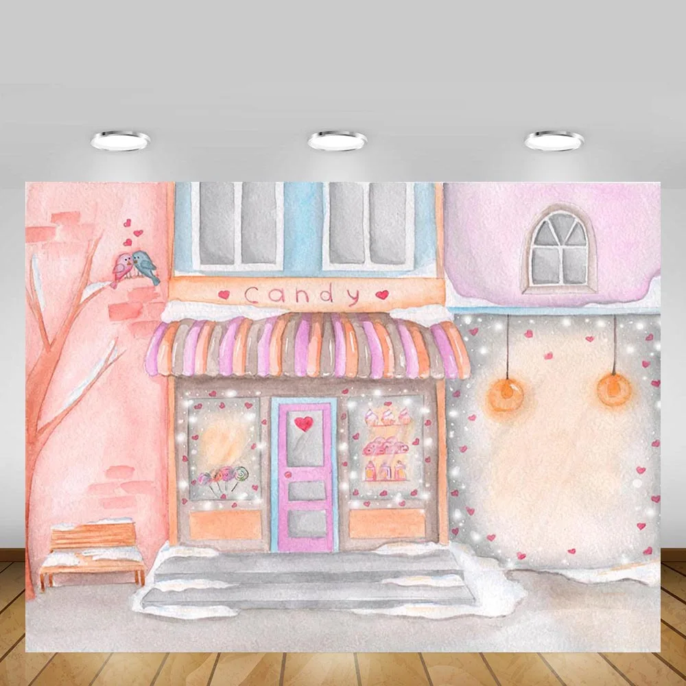 

Mehofond Sweet Candy Shop Backdrop Painting Pink Street Girl Baby Shower Birthday Photography Background Photo Studio Photocall