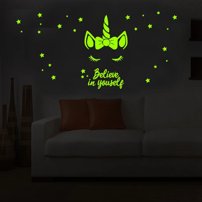 Belive In Yourself Luminous Stickers Cartoon Unicorn Horse Living Room Bedroom Bathroom Fluorescent Wall Sticker Gift For Kids Belive In Yourself Luminous Stickers Cartoon Unicorn Horse Living Room Bedroom Bathroom Fluorescent Wall Sticker Gift For Kids