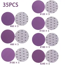 Disques de ponçage, 5 pouces, 35 pièces, boucle à crochet, papier de verre, aluminium, polissage, meule, étanche, circulaire, outils abrasifs