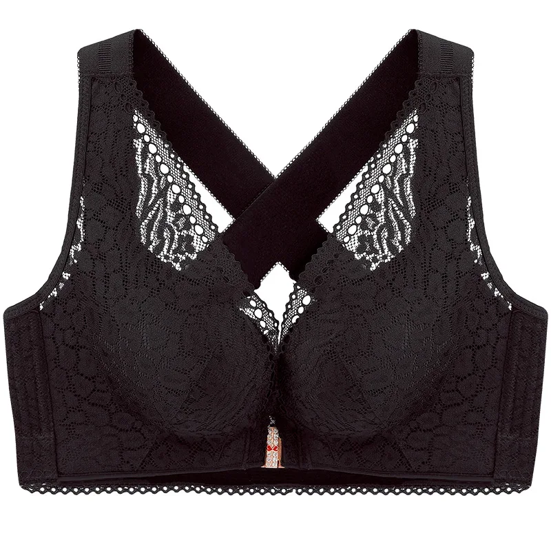 

Big Size Lace Brassiere Front Closure Wire Free Plunge Push Up Bra Plus Size Cross Back Vest Bras for Women Sexy Lingerie Femme