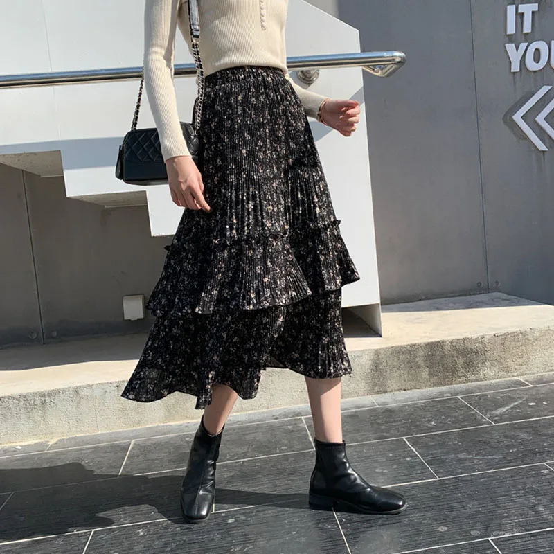 Зимние женские миди юбки, осенняя корейская модная женская плиссированная шифоновая юбка с высокой талией и принтом