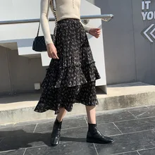 Зимние женские миди юбки, осенняя корейская модная женская плиссированная шифоновая юбка с высокой талией и принтом