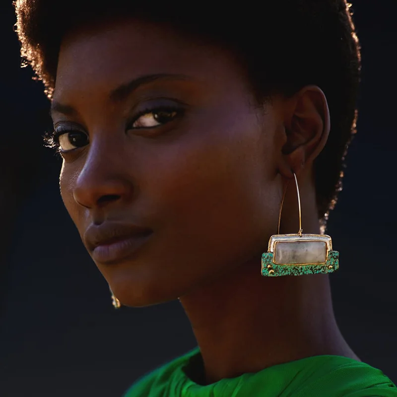 

Cross Border for Europe And America Big Brand Earrings Rectangular Artificial Gemstone Joint Metal Pendant Earrings Wholesale
