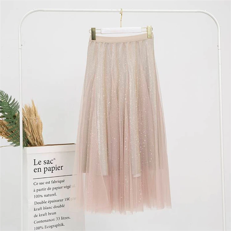 New Korean Stars Sequined Puff Layered Tulle Tutu Long Skirts Mesh Starry Metallic Sweet Fairy Pleated Long Skirts Women